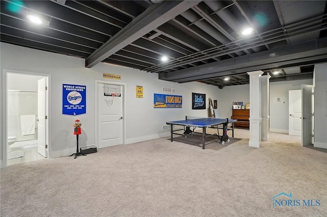 recreation room with ornate columns, carpet, and baseboards
