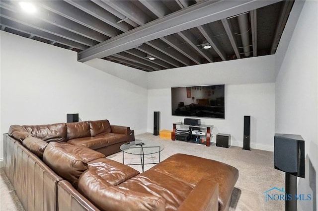 living room featuring light colored carpet and baseboards