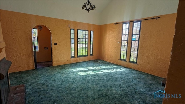 unfurnished room with vaulted ceiling, a textured wall, and a wealth of natural light
