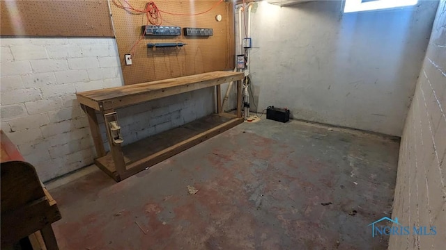 unfinished basement with a workshop area