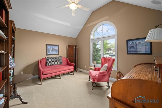 2284 Big Hickory Run, Sylvania, OH 43560 - sitting room featuring high vaulted ceiling, baseboards, a ceiling fan, and carpet floors
