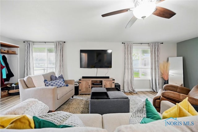 living room featuring ceiling fan, light wood-style flooring, and baseboards