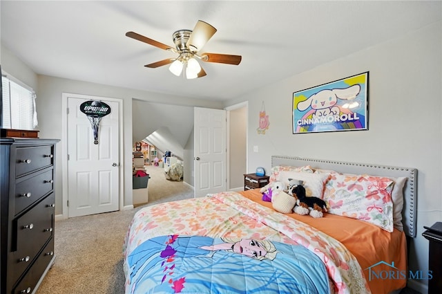 bedroom featuring light colored carpet and a ceiling fan