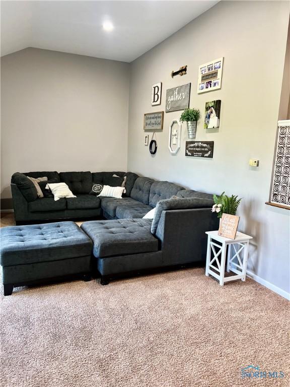12982 State Route 34, Bryan, OH 43506 - carpeted living room with vaulted ceiling and baseboards