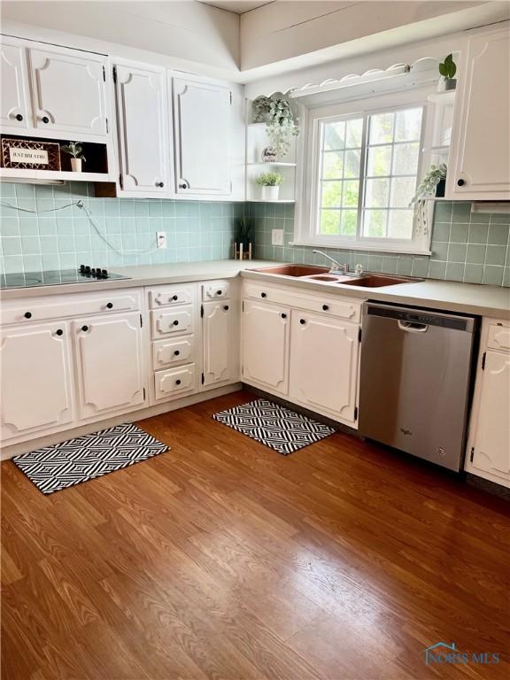 12982 State Route 34, Bryan, OH 43506 - kitchen with dishwasher, open shelves, black electric cooktop, dark wood-type flooring, and white cabinets