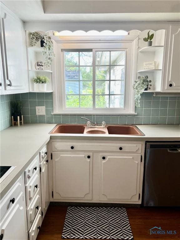 12982 State Route 34, Bryan, OH 43506 - kitchen with open shelves, dishwashing machine, white cabinets, and dark wood-type flooring