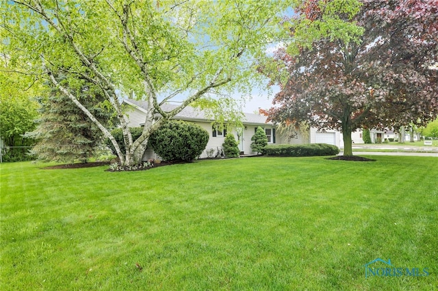 view of grassy yard with an attached garage