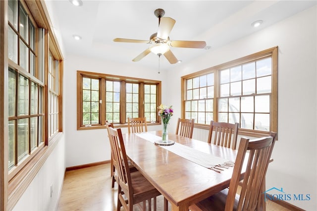 dining room featuring healthy amount of natural light, baseboards, recessed lighting, light wood-type flooring, and ceiling fan