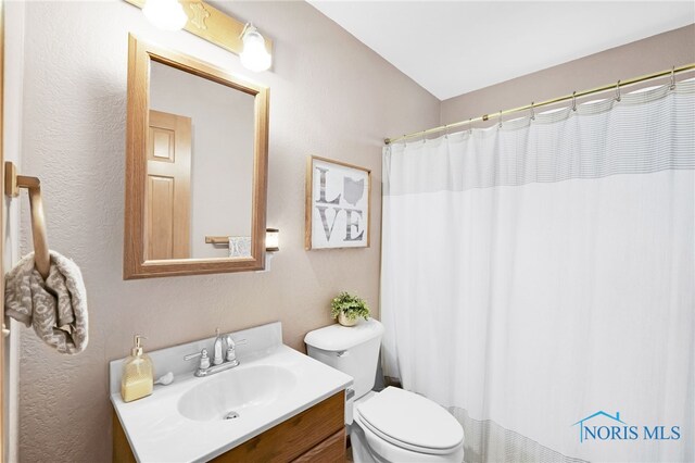 bathroom featuring vanity, toilet, and a shower with shower curtain