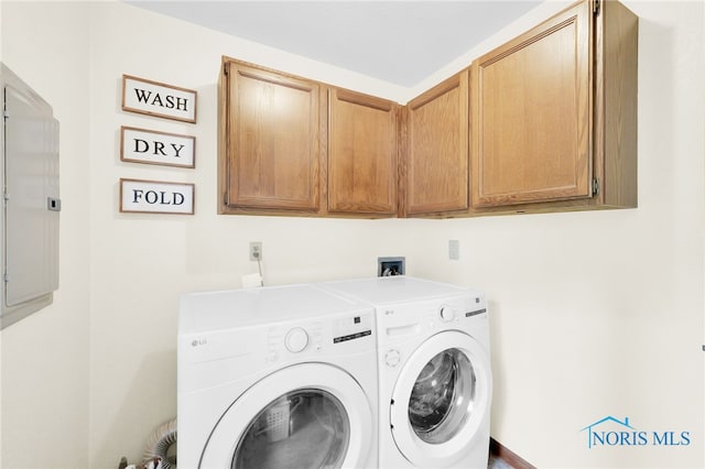 laundry area featuring cabinet space, washer and clothes dryer, and electric panel