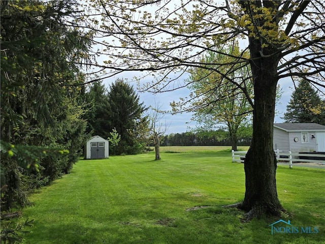 view of yard with a storage shed and an outdoor structure
