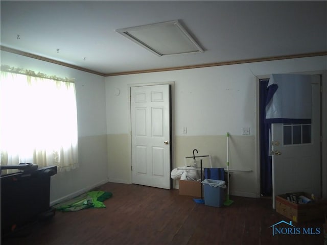1390 Ayersville Ave, Defiance, OH 43512 - interior space featuring attic access, wood finished floors, baseboards, and ornamental molding