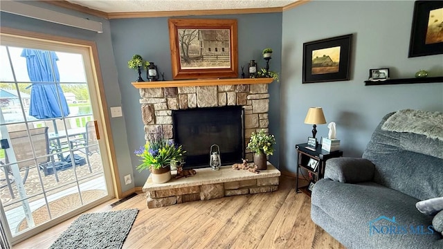 17262 US Route 127, Cecil, OH 45821 - living room with wood finished floors, ornamental molding, baseboards, and a fireplace