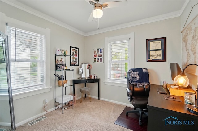 5036 Trellis Way, Sylvania, OH 43560 - carpeted office with ceiling fan, crown molding, and baseboards