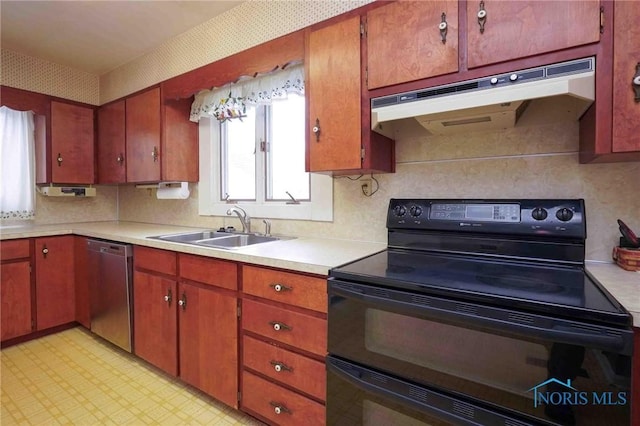 kitchen with black electric range oven, stainless steel dishwasher, under cabinet range hood, a sink, and light countertops