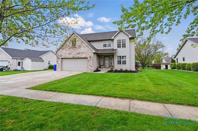 traditional-style home with concrete driveway, a front yard, and stone siding