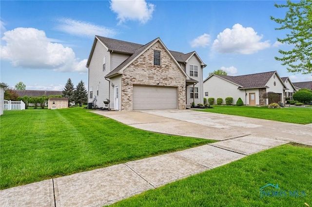 view of front facade with concrete driveway, a front lawn, brick siding, and an attached garage