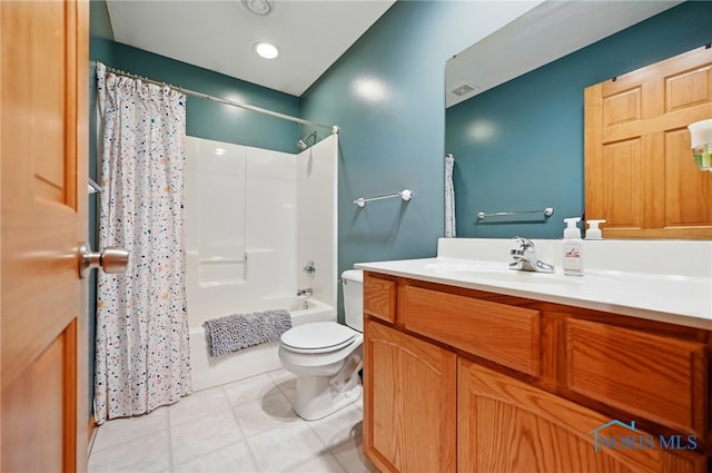 full bath with toilet, tile patterned floors, vanity, and shower / bath combination with curtain
