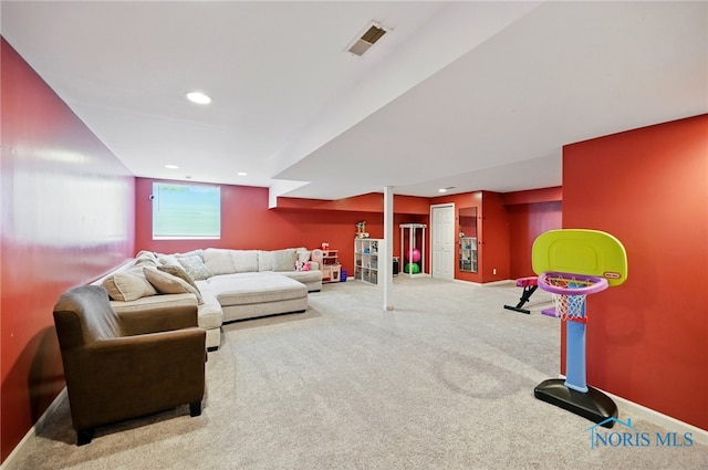 living area featuring baseboards, recessed lighting, carpet flooring, and visible vents