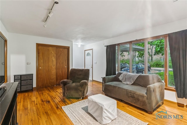 living room featuring light wood finished floors and track lighting