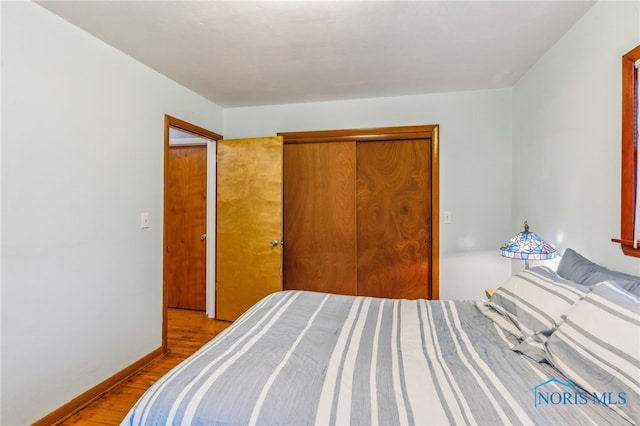 bedroom featuring wood finished floors and a closet