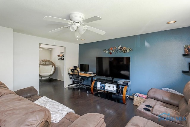 living room with ceiling fan, wood finished floors, an office area, and recessed lighting