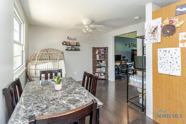 dining area featuring a ceiling fan, dark wood finished floors, and an office area