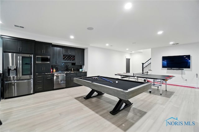 8440 E Woodland Trl, Findlay, OH 45840 - recreation room with bar with sink, light wood-style floors, recessed lighting, and billiards table