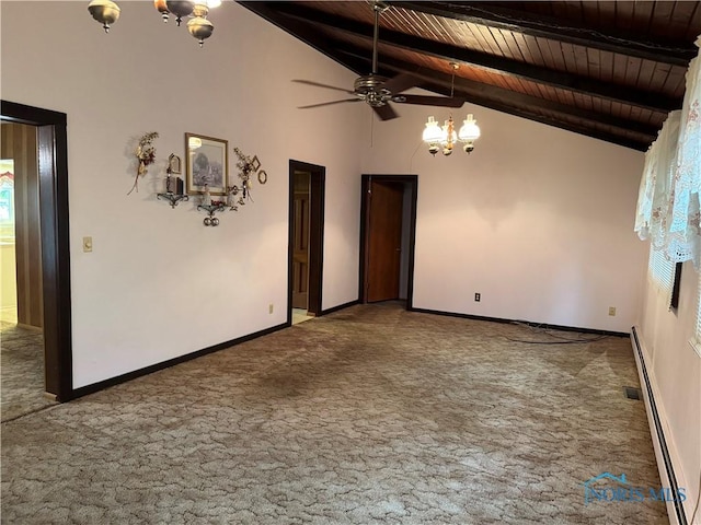 165 5th St, Mcclure, OH 43534 - carpeted spare room with wood ceiling with exposed beams, a chandelier, a baseboard heating unit, high vaulted ceiling, and a ceiling fan