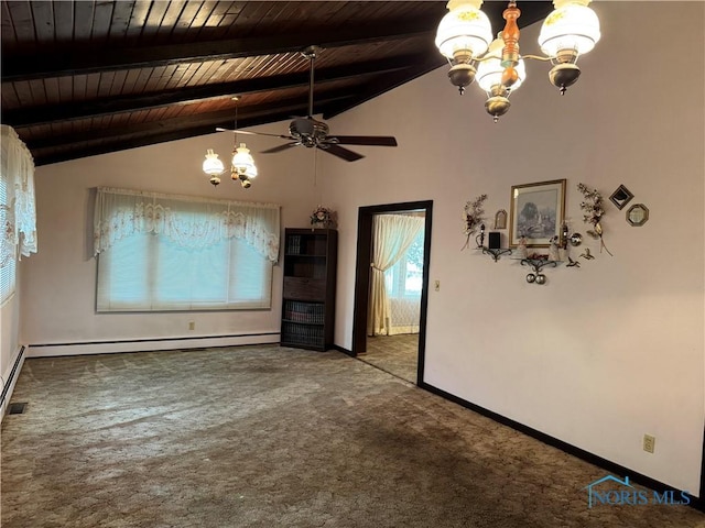 165 5th St, Mcclure, OH 43534 - unfurnished dining area with a chandelier, wood ceiling, a baseboard radiator, baseboards, and ceiling fan