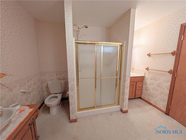 2450 N Billman Rd, Genoa, OH 43430 - full bath with wallpapered walls, a shower stall, vanity, and toilet