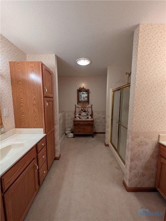 2450 N Billman Rd, Genoa, OH 43430 - bathroom featuring wallpapered walls, vanity, a shower stall, carpet flooring, and a textured ceiling