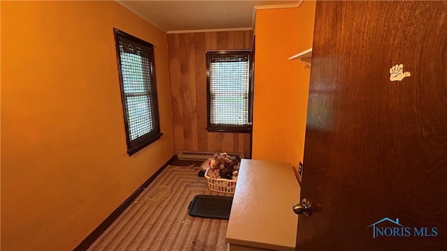203 E Ash St, Continental, OH 45831 - bathroom with baseboards, crown molding, and wooden walls