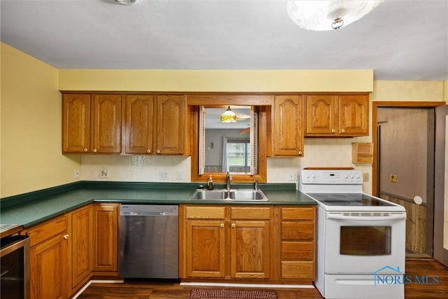 kitchen featuring stainless steel dishwasher, white electric range, a sink, beverage cooler, and dark wood-style flooring
