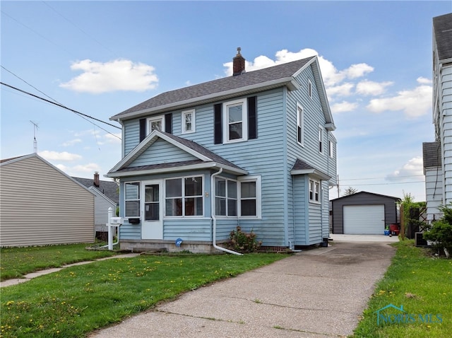 2352 108th St, Toledo, OH 43611 - view of front facade with a garage, an outdoor structure, a chimney, a front lawn, and a shingled roof