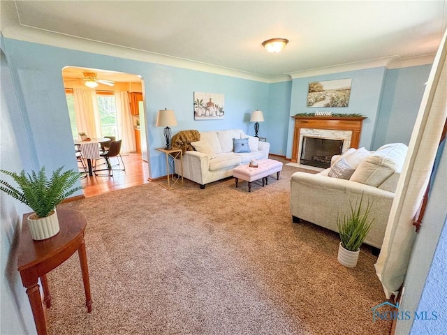624 Myers St, Toledo, OH 43609 - living area with crown molding, carpet, arched walkways, and a fireplace