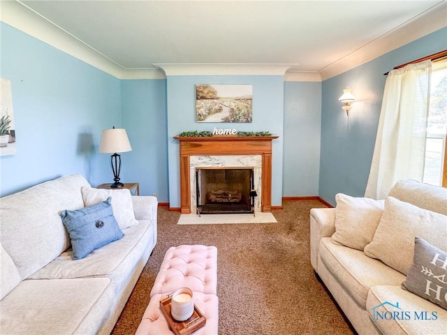 624 Myers St, Toledo, OH 43609 - living room with a fireplace, carpet, crown molding, and baseboards