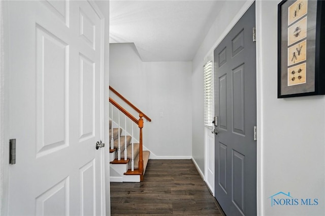 5532 Bentwood Dr, Toledo, OH 43615 - entryway with baseboards, dark wood-type flooring, and stairway