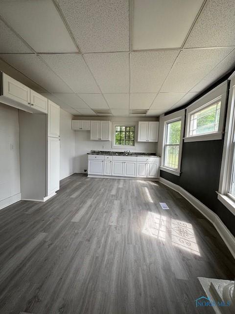 938 Western Ave, Toledo, OH 43609 - unfurnished living room with a drop ceiling, dark wood-style floors, baseboards, and a sink