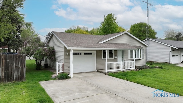 588 Douglas Dr, Wauseon, OH 43567 - ranch-style home with a porch, a garage, a shingled roof, and driveway