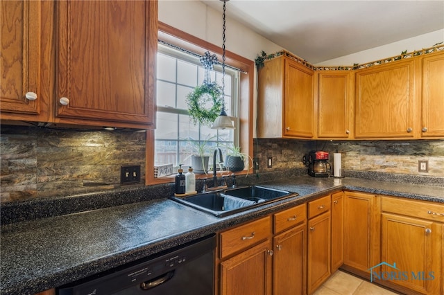 9704 Monto Ln, Findlay, OH 45840 - kitchen featuring black dishwasher, a sink, brown cabinetry, and decorative backsplash