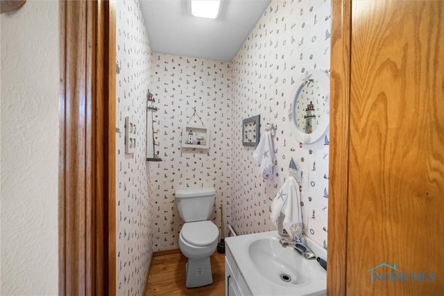2659 Coveview Dr, Toledo, OH 43611 - bathroom with toilet, wood finished floors, vanity, and wallpapered walls