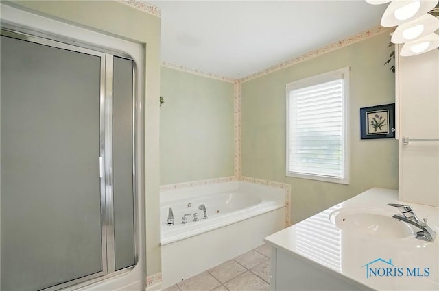 29030 Hufford Rd, Perrysburg, OH 43551 - bathroom with a shower stall, a tub with jets, tile patterned flooring, and vanity