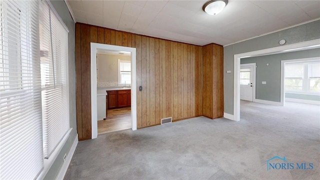 unfurnished room with wooden walls, light colored carpet, and baseboards
