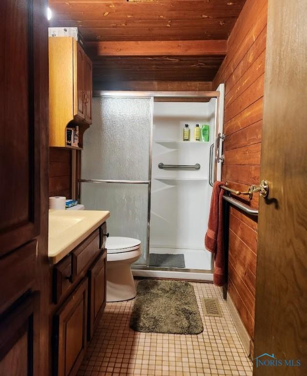 4405 Oldenburg Dr, Toledo, OH 43611 - bathroom with wooden ceiling, a stall shower, vanity, wooden walls, and toilet