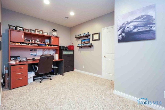 carpeted office space with baseboards and recessed lighting