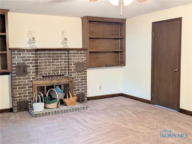 1270 S Park Ln, Wauseon, OH 43567 - carpeted living area with a brick fireplace, baseboards, and ceiling fan