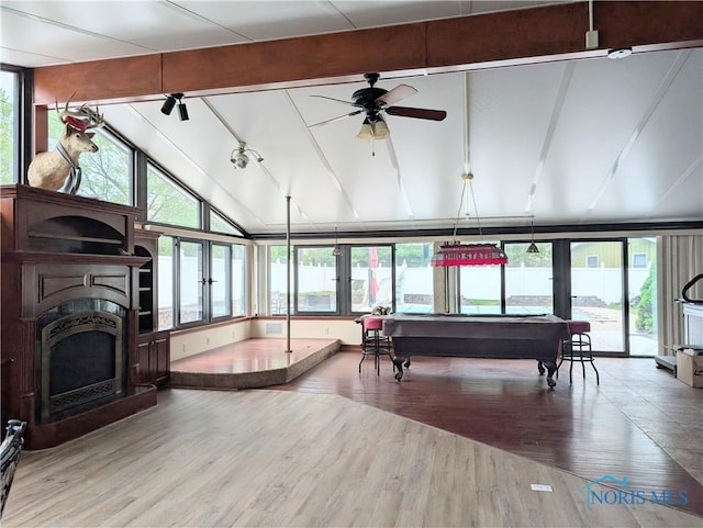 1270 S Park Ln, Wauseon, OH 43567 - recreation room featuring ceiling fan, wood finished floors, billiards table, and a fireplace