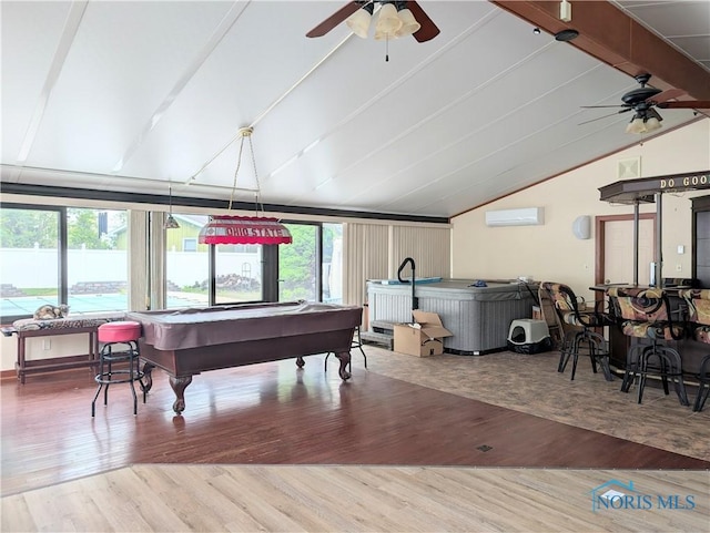 1270 S Park Ln, Wauseon, OH 43567 - rec room with an AC wall unit, ceiling fan, billiards, and wood finished floors