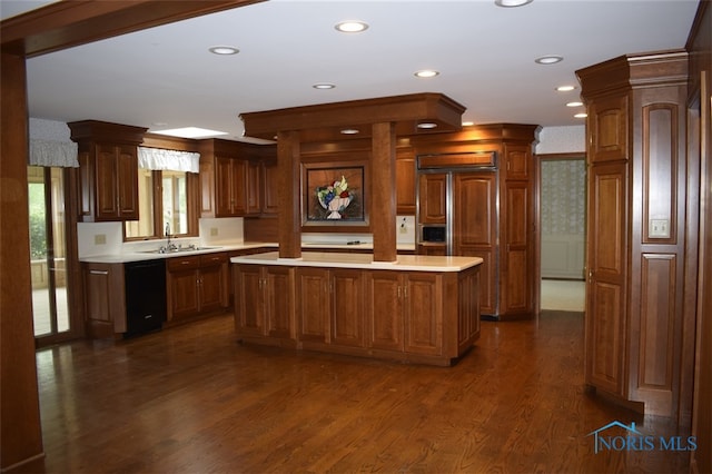 1527 S Ct, Findlay, OH 45840 - kitchen with light countertops, a sink, black dishwasher, a center island, and dark wood-type flooring
